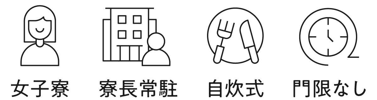女子寮、寮長在住、自炊式、門限なし